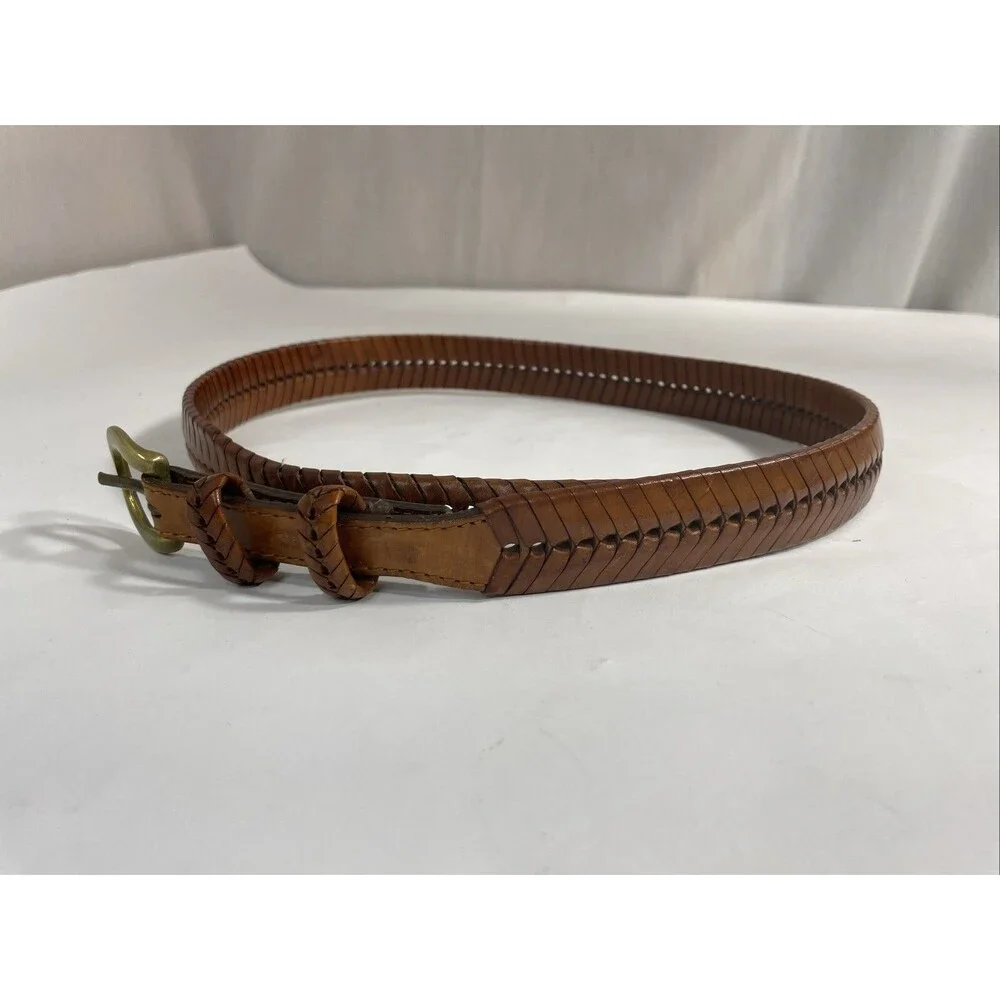 Tan Brown Braided Leather Belt Brass Buckle Women's Size 34 65106